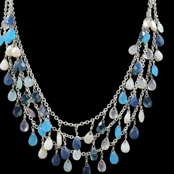 Boho Mermaidcore Layered Gemstone Dangle Necklace Silver Tone Coastal Resort - Picture 4 of 7